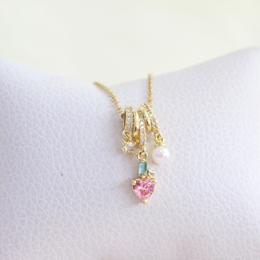 Collar Corazón Rosado Cristal Celeste y Perla