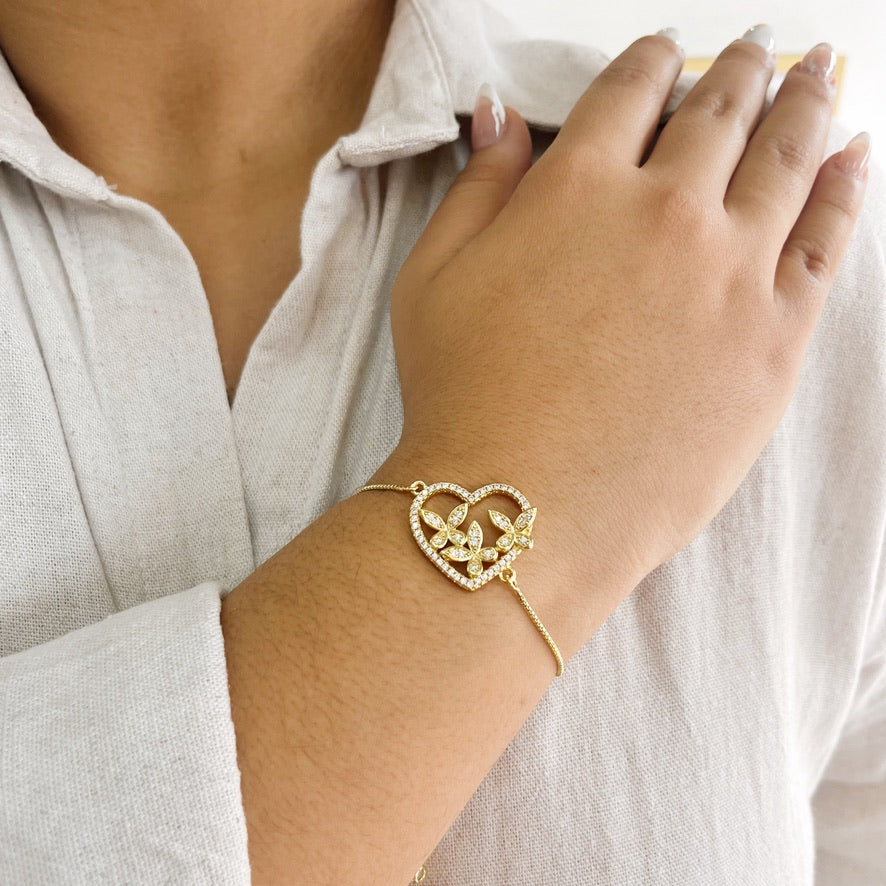 Pulsera Ajustable Corazón con Flores Dorada
