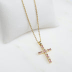Collar Cruz con Cristales Rosados