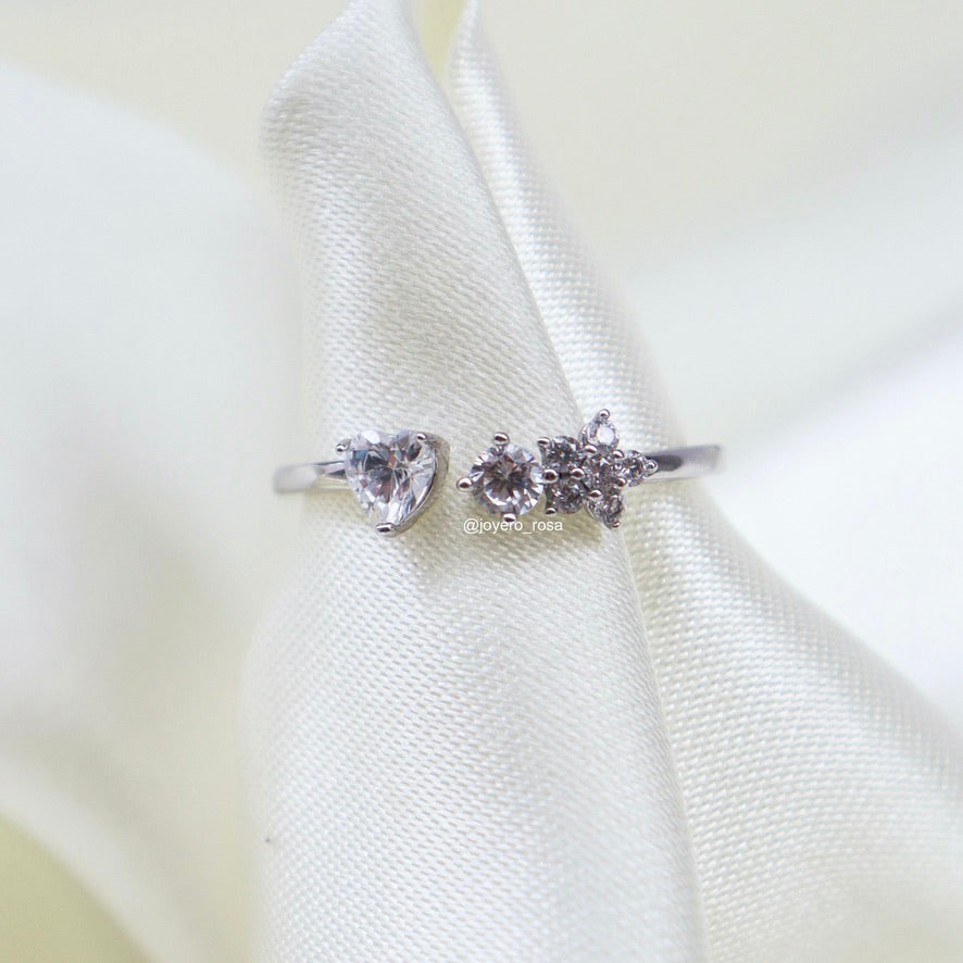 Anillo Cristales Corazón y Flor