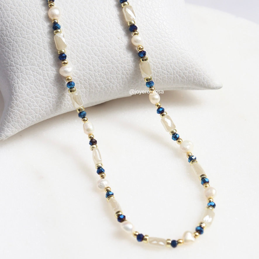 Collar Cristales Azules y Perlas Cultivadas