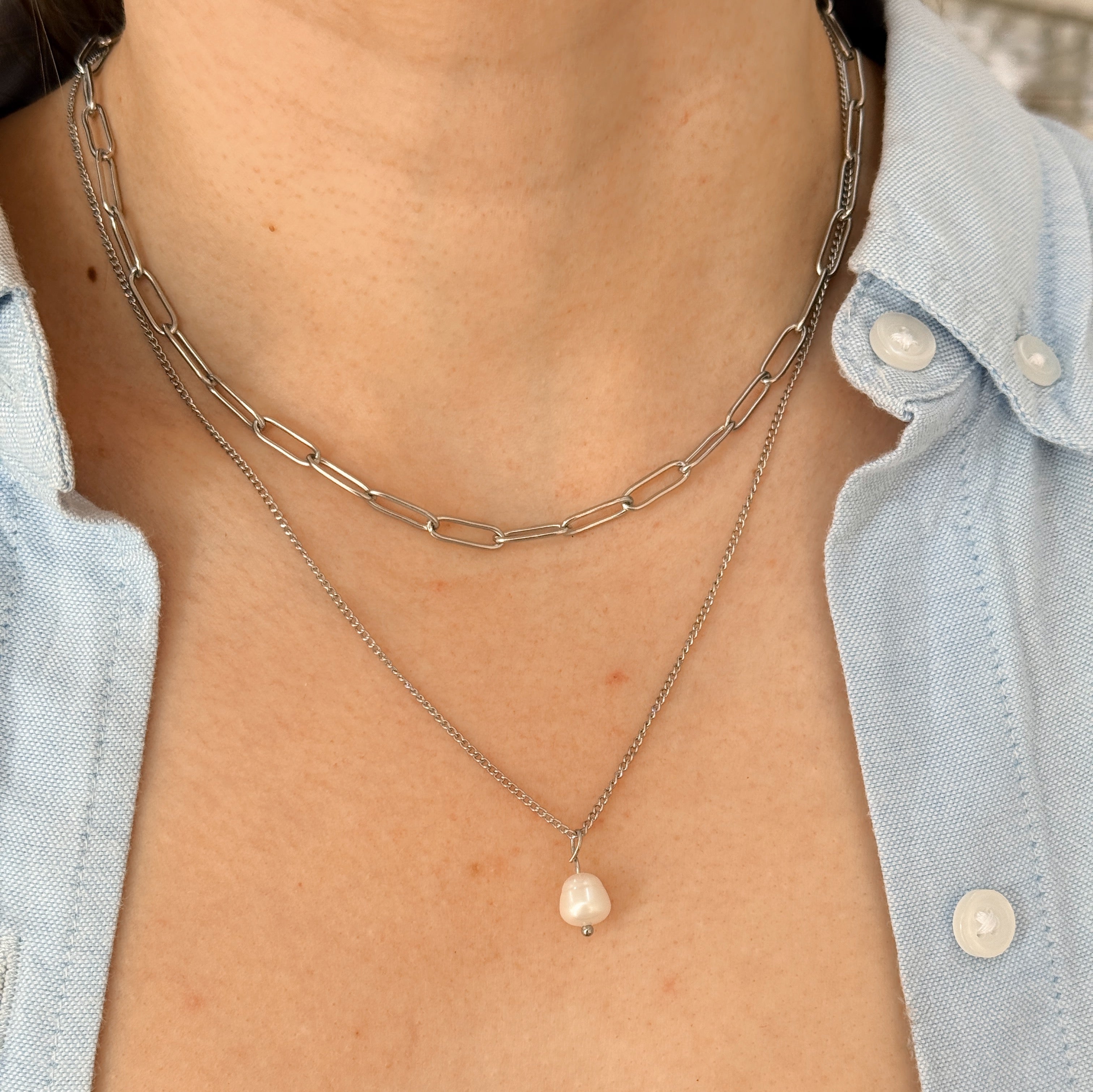 Collar Doble Eslabones y Perla