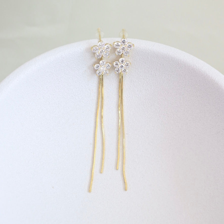 Aretes Largos Flores con Brillo