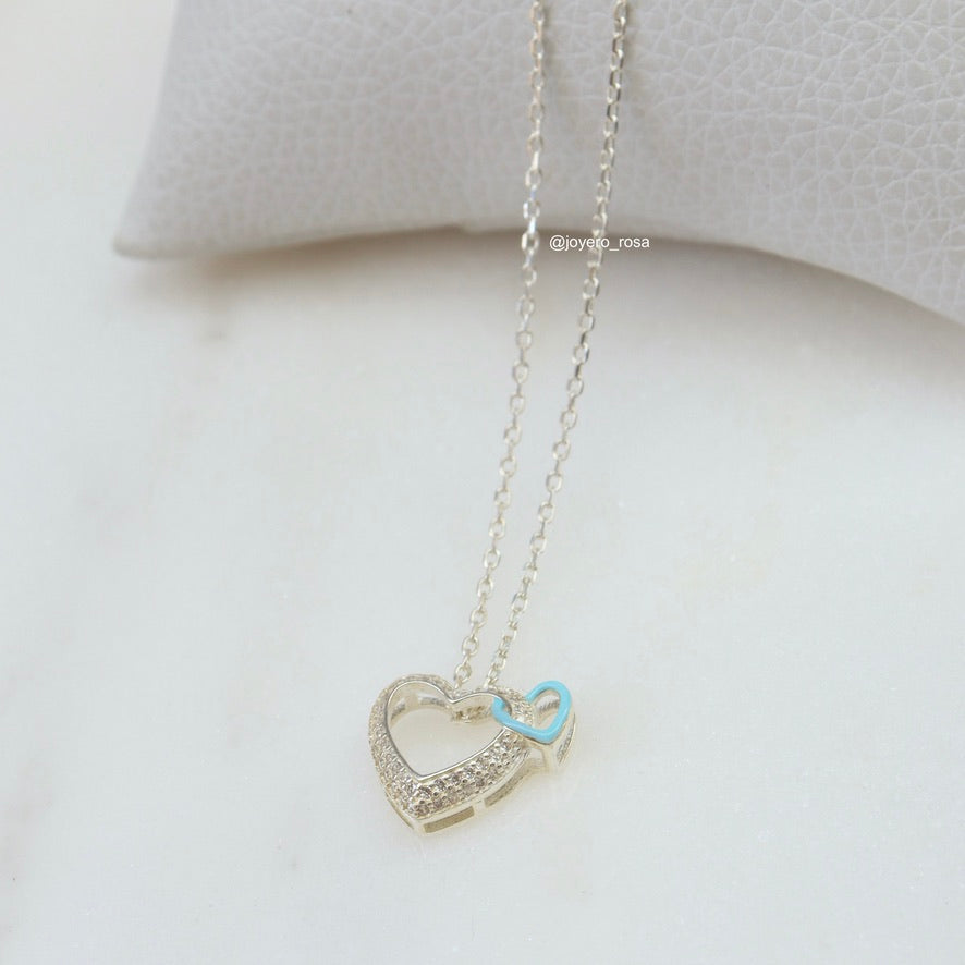 Collar Doble Corazón Celeste