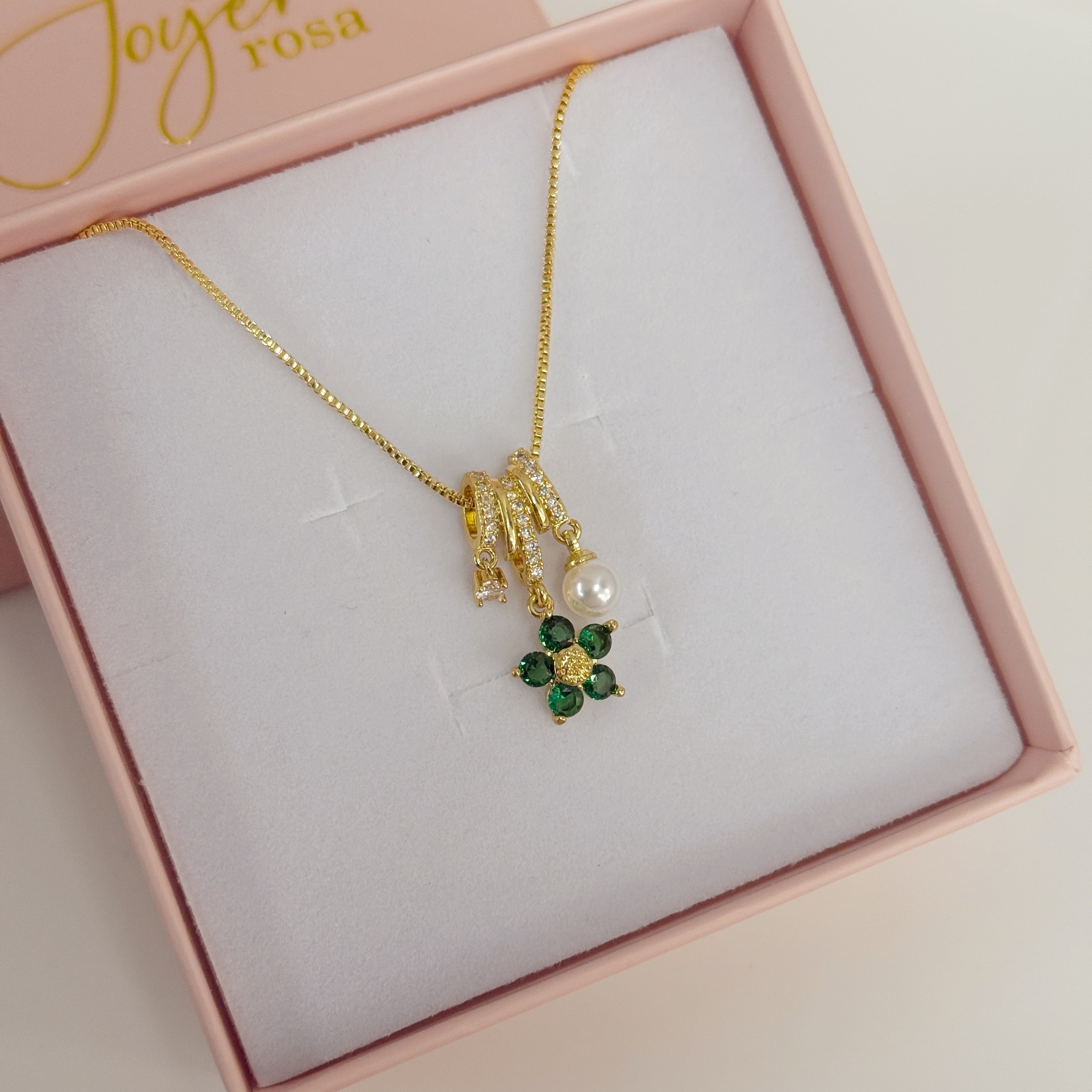 Collar Flor Verde y Perla
