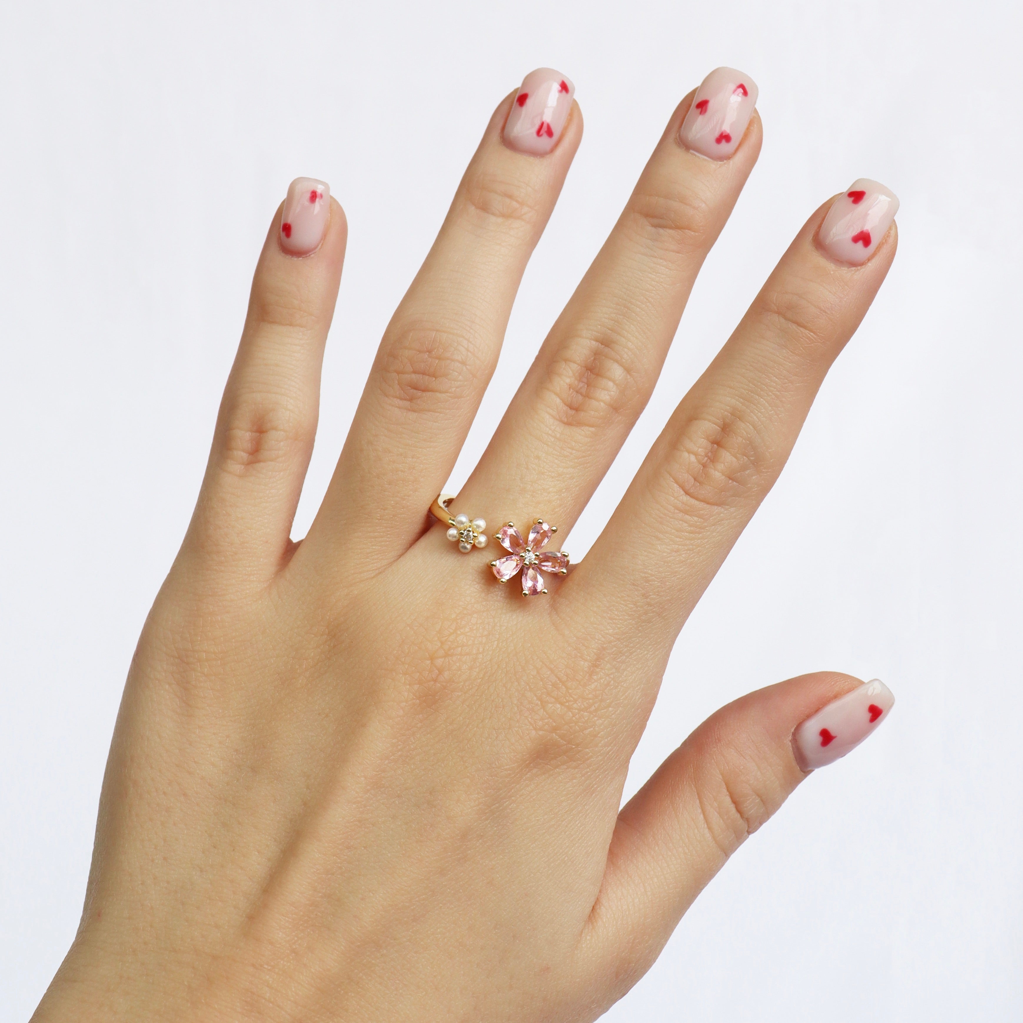 Anillo Flor Rosada con Perlitas Ajustable